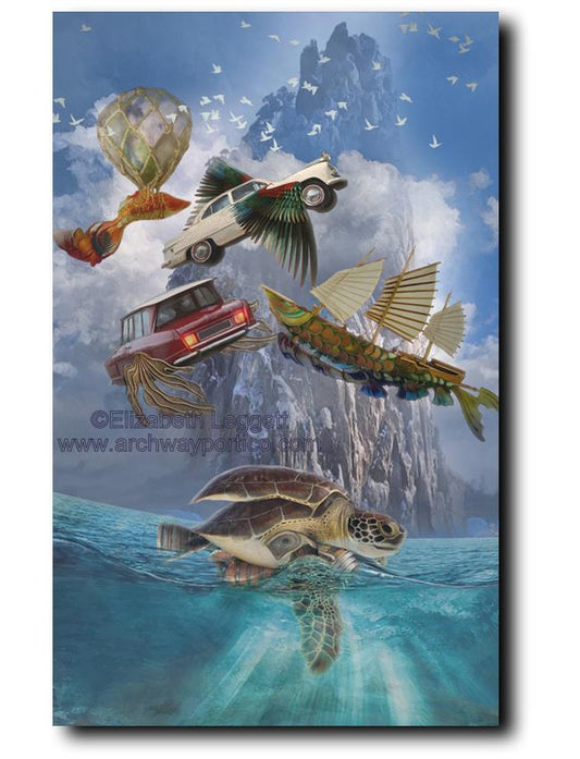 Elizabeth Leggett | Portico Arts piece of whimsical flying cars and a rocket powered turtle.