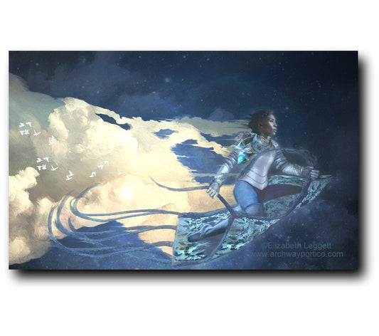 Elizabeth Leggett | Portico Arts picture of a black female knight flying a carpet