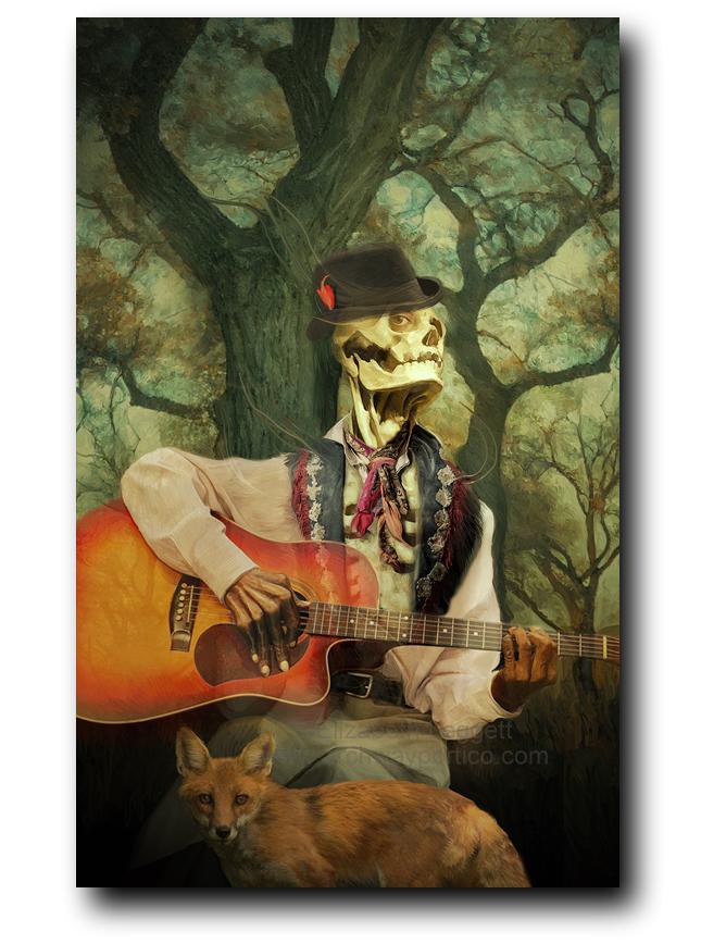 Elizabeth Leggett art of Skeletal person playing guitar with a fox