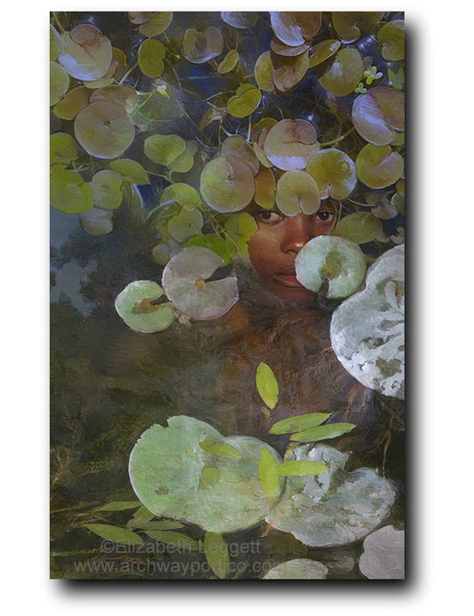 Elizabeth Leggett | Portico Art image of a woman hiding patiently under pond lilies