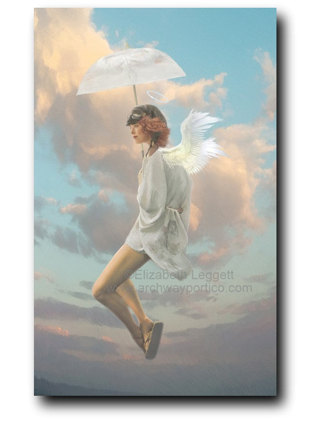 Elizabeth Leggett | Portico Arts picture of a lady in flight, the Saint of Little Deaths