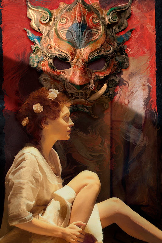 Elizabeth Leggett art shwoing a woman with garland in front of a monster styled clay mask