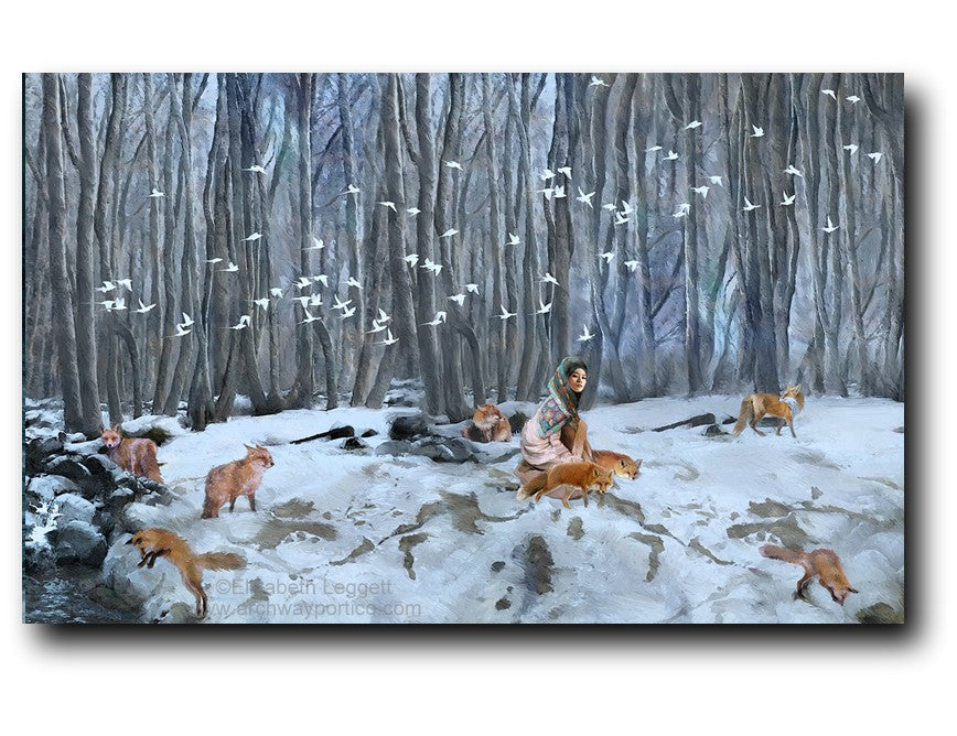 Elizabeth Leggett | Portico Art image of a woman in a snowy field, surrounded by foxes